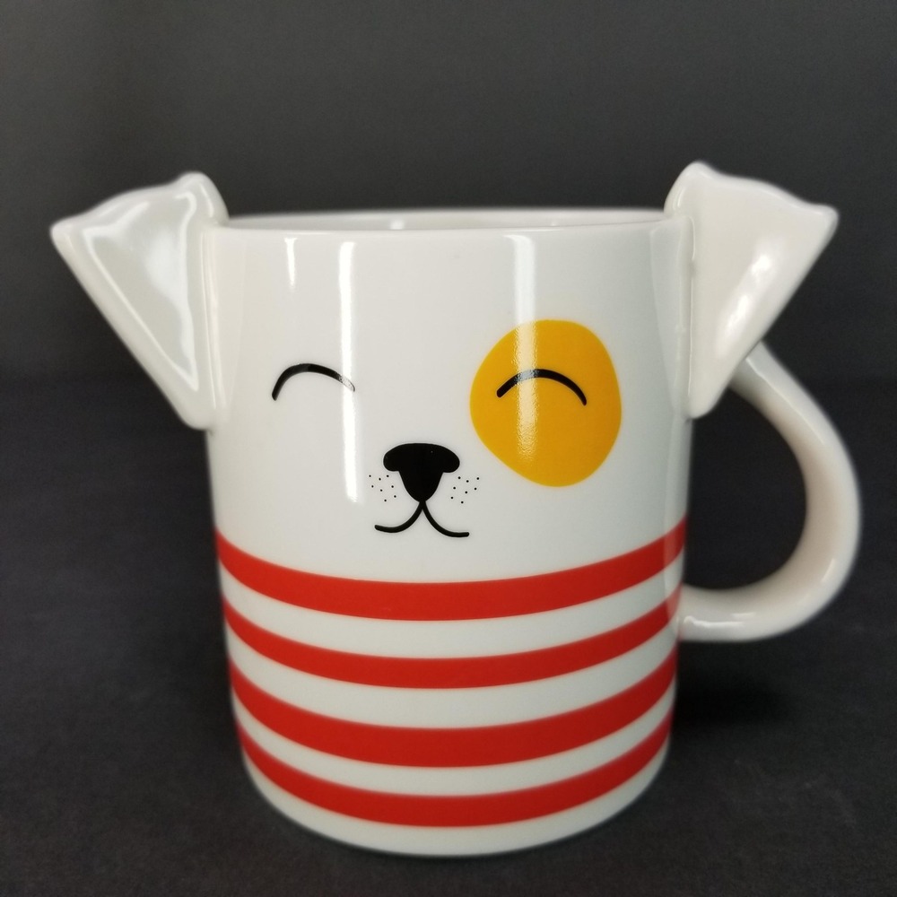 Parker Lane Dog Mug Stoneware Winking Puppy with‎ 3D Ears and Red Stripes White